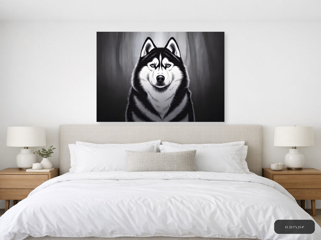 Striking Husky Portrait Black and White Photography Wall Art — A1 / Bedroom