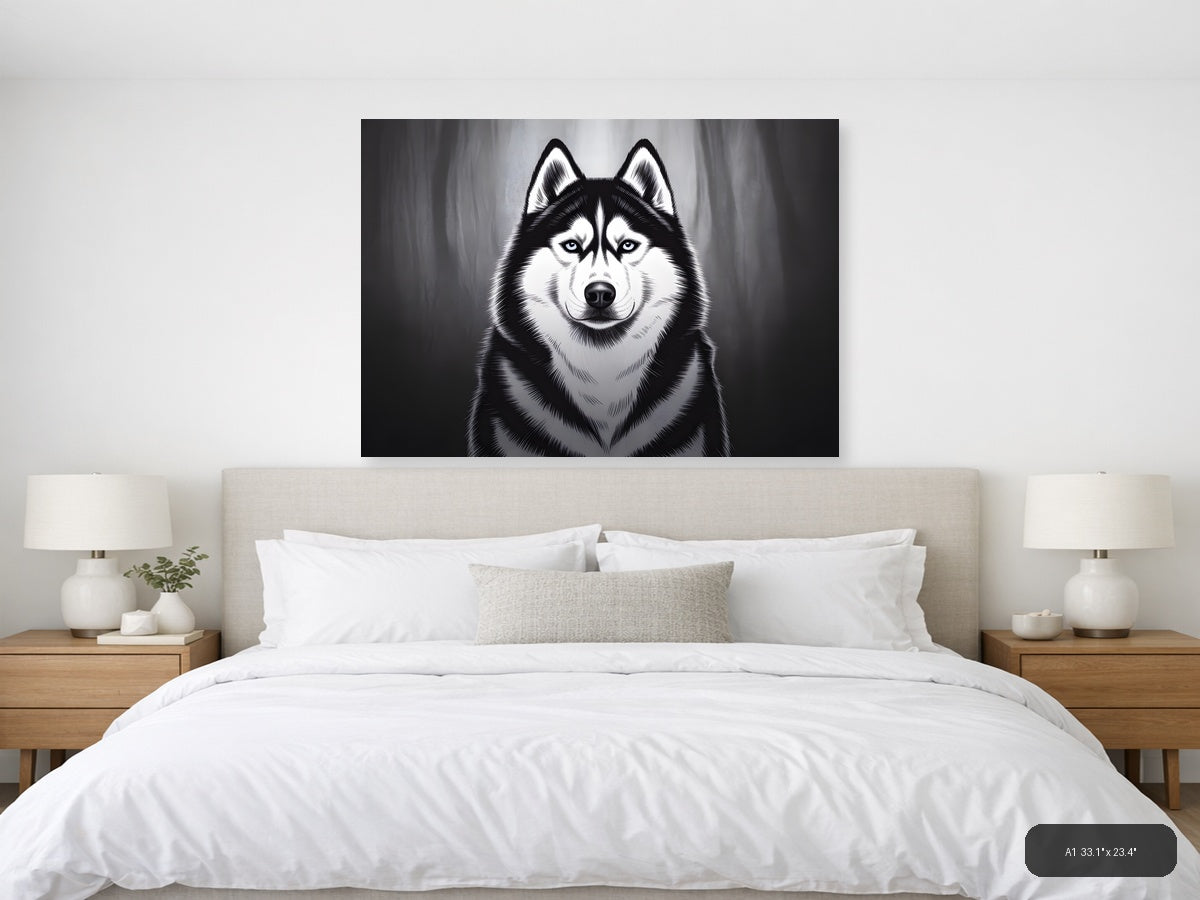 Striking Husky Portrait Black and White Photography Wall Art — A1 / Bedroom