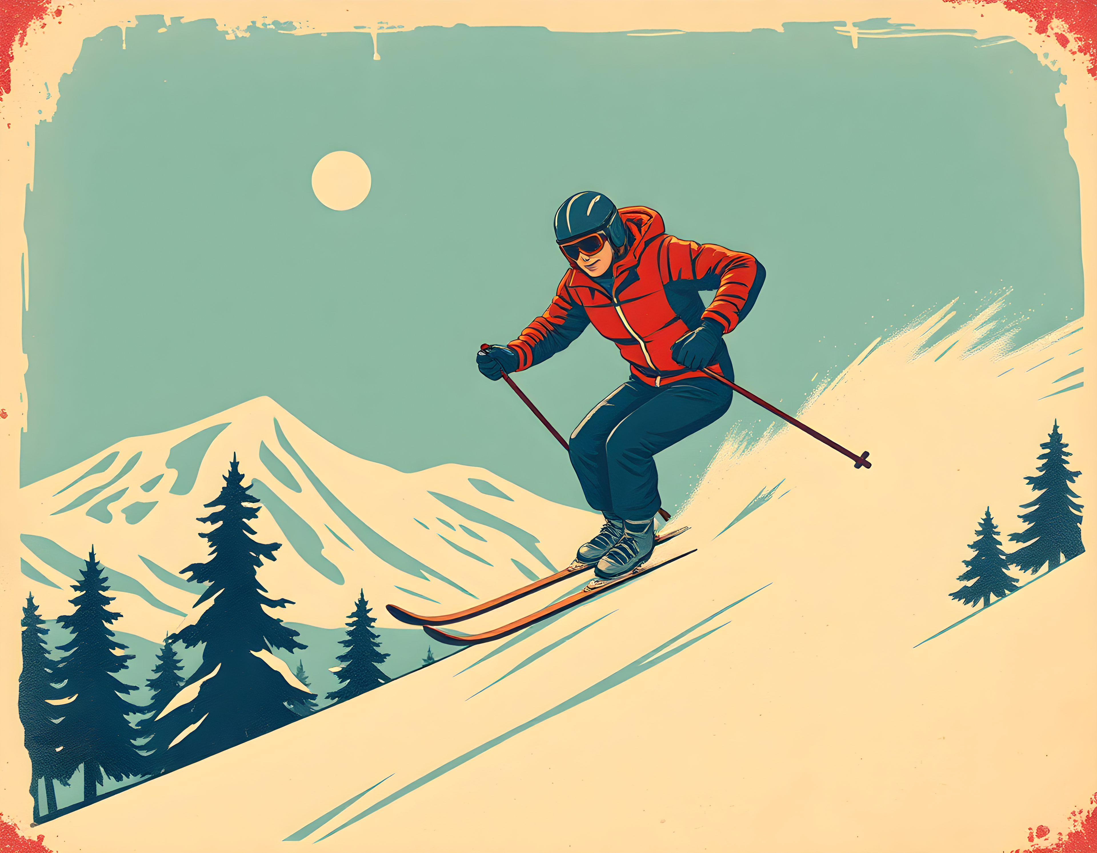 Vintage Skier on Mountain Slope Wall Art