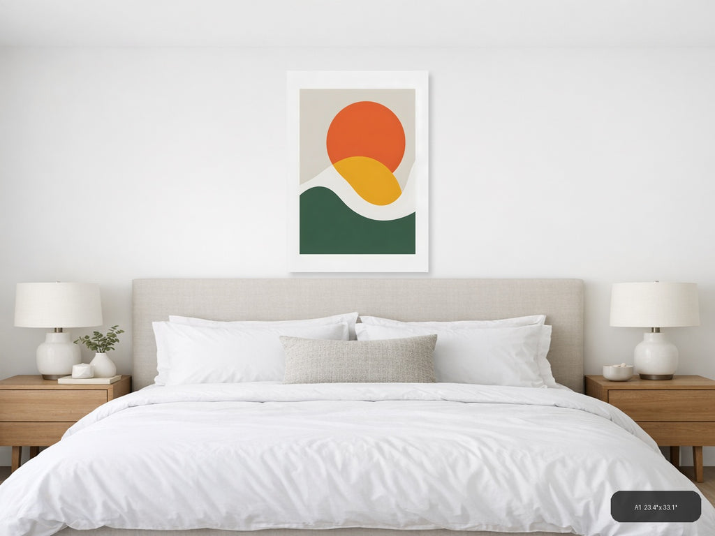 Minimalist Sunset Landscape with Circle and Wave Wall Art — A1 / Bedroom