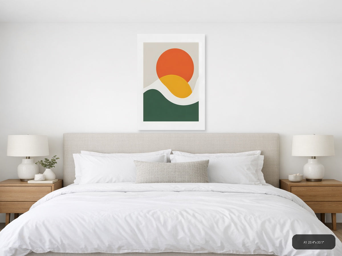Minimalist Sunset Landscape with Circle and Wave Wall Art — A1 / Bedroom