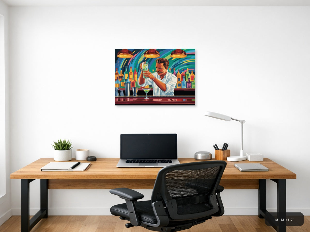 Vibrant Bartender Portrait Abstract Colorful Wall Art — A3 / Office