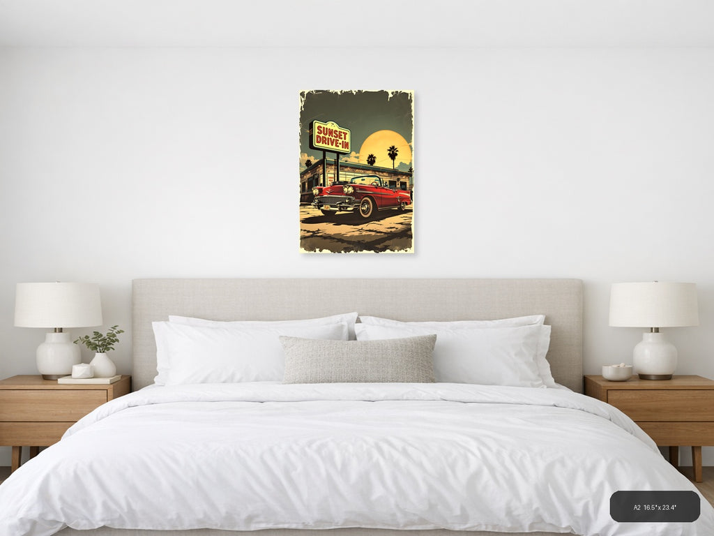 Sunset Drive-In Vintage Red Car Wall Art — A2 / Bedroom