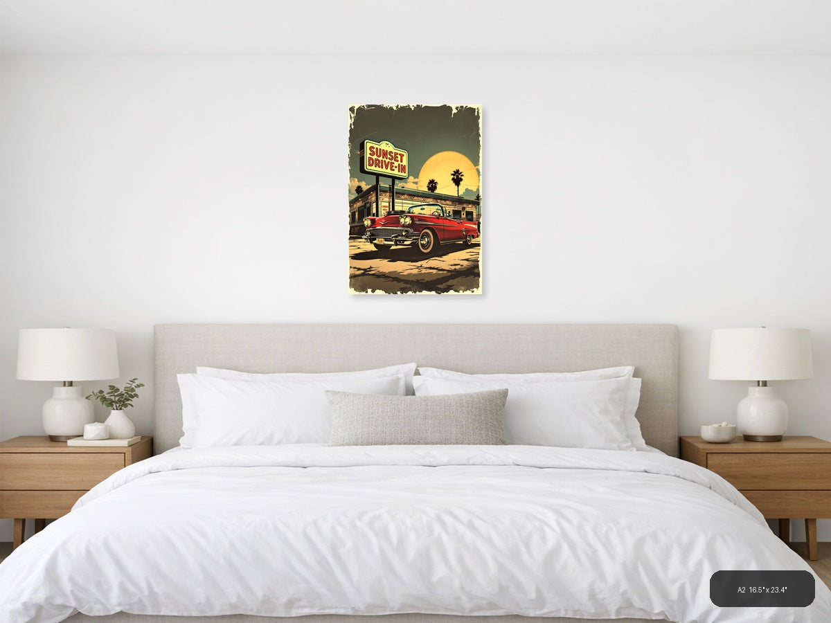 Sunset Drive-In Vintage Red Car Wall Art — A2 / Bedroom