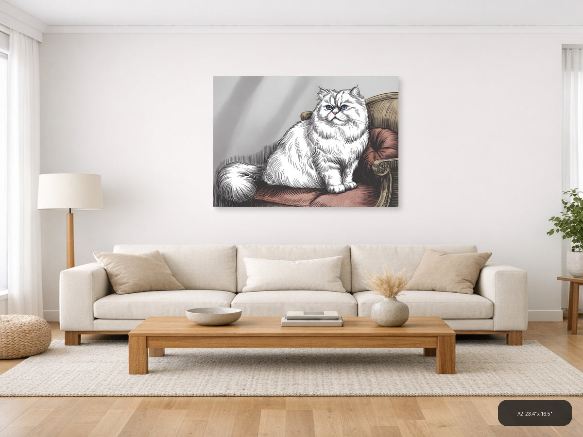 White Fluffy Cat with Blue Eyes Line Art Wall Art — A2 / Living Room