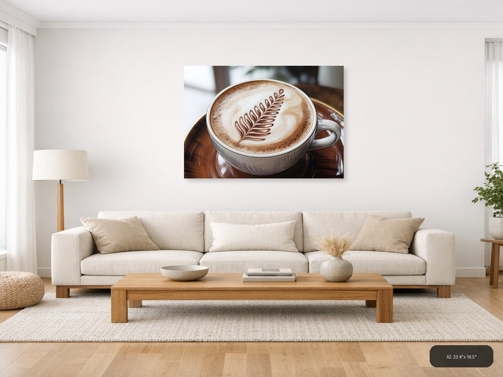 Latte Art Fern Leaf Line Art Coffee Wall Art — A2 / Living Room