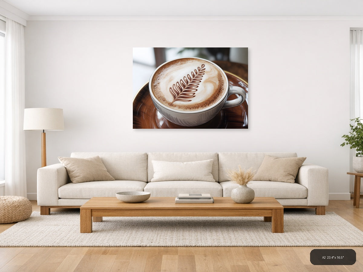 Latte Art Fern Leaf Line Art Coffee Wall Art — A2 / Living Room
