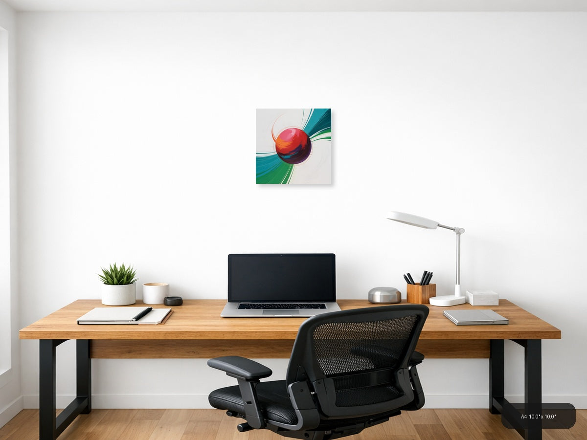 Red Sphere with Teal & Green Wave Abstract Wall Art — A4 / Office