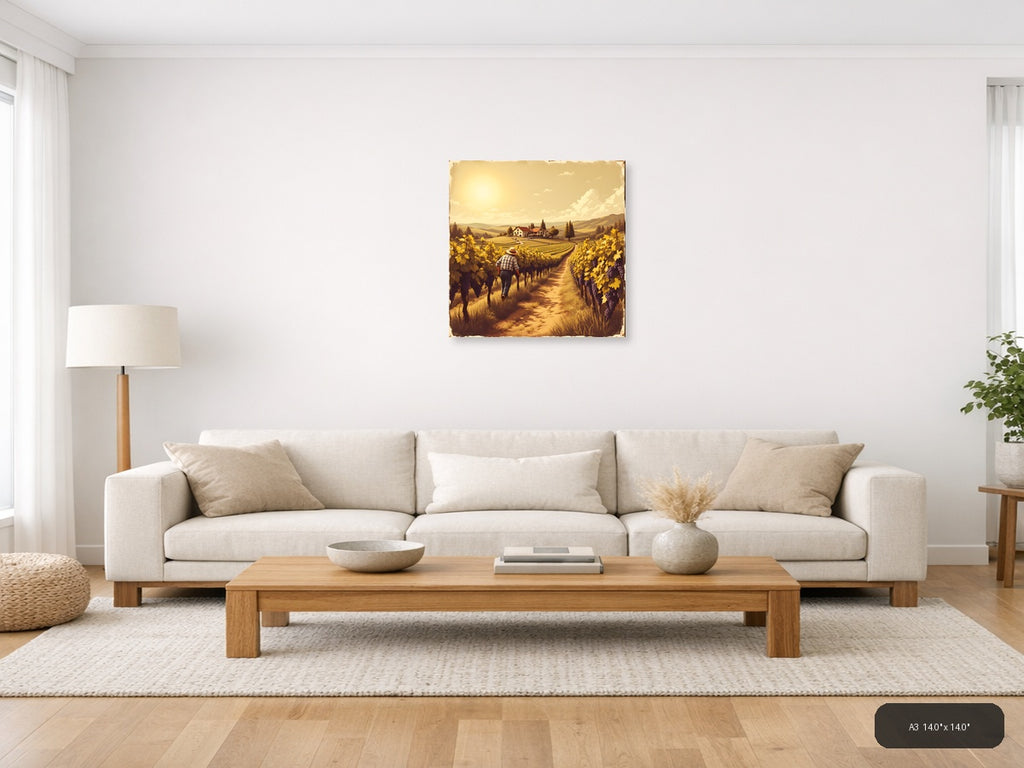 Vintage Vineyard Harvest Farmer Walking Path Wall Art — A3 / Living Room
