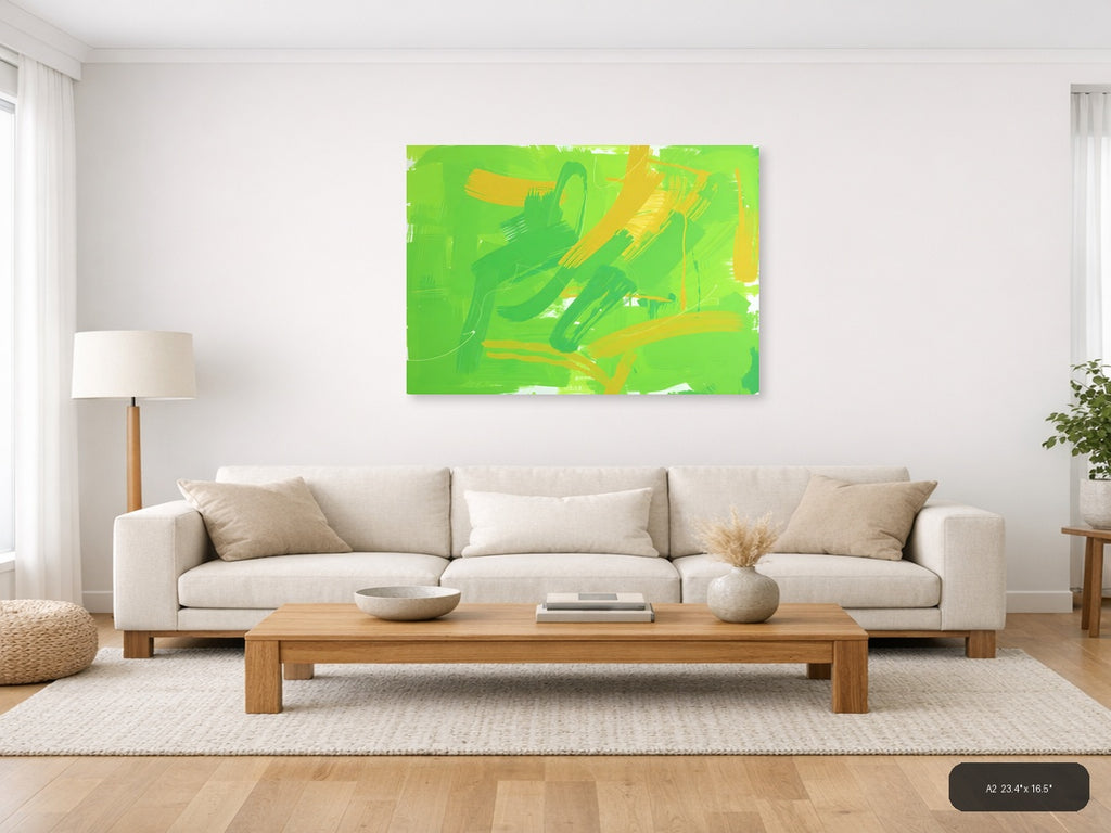 Green and Yellow Abstract Brushstrokes Wall Art — A2 / Living Room