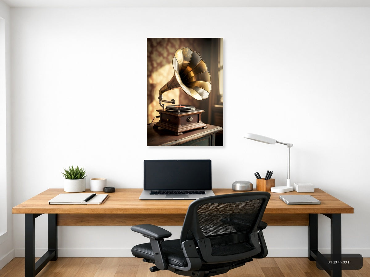 Vintage Gramophone with Vinyl Record Portrait Wall Art — A1 / Office