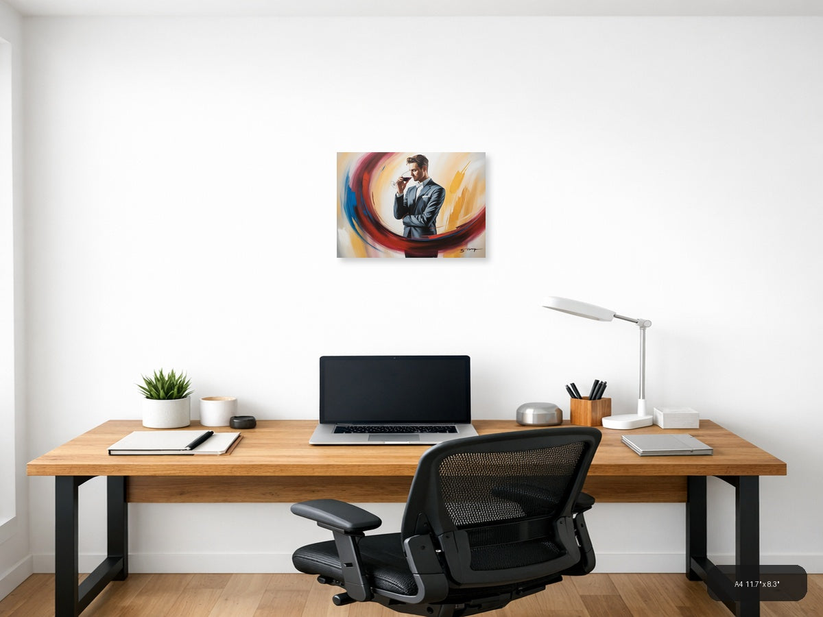 Elegant Man Wine Tasting Abstract Swirl Wall Art — A4 / Office