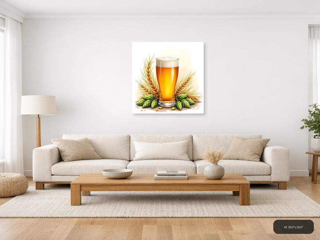 Beer Glass with Wheat and Hops Watercolor Wall Art — A2 / Living Room
