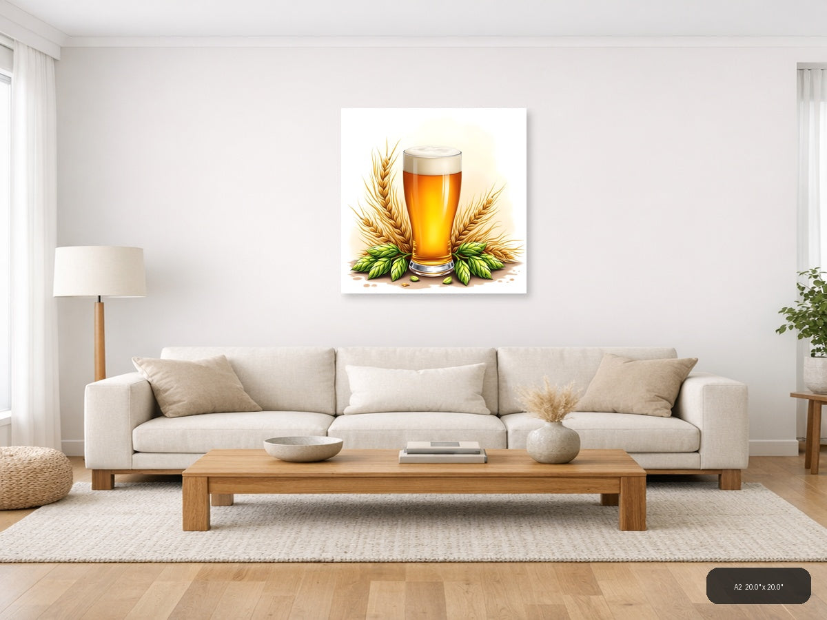 Beer Glass with Wheat and Hops Watercolor Wall Art — A2 / Living Room