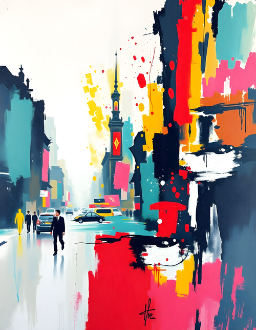 Abstract Cityscape with Tower - Modern Colorful Wall Art