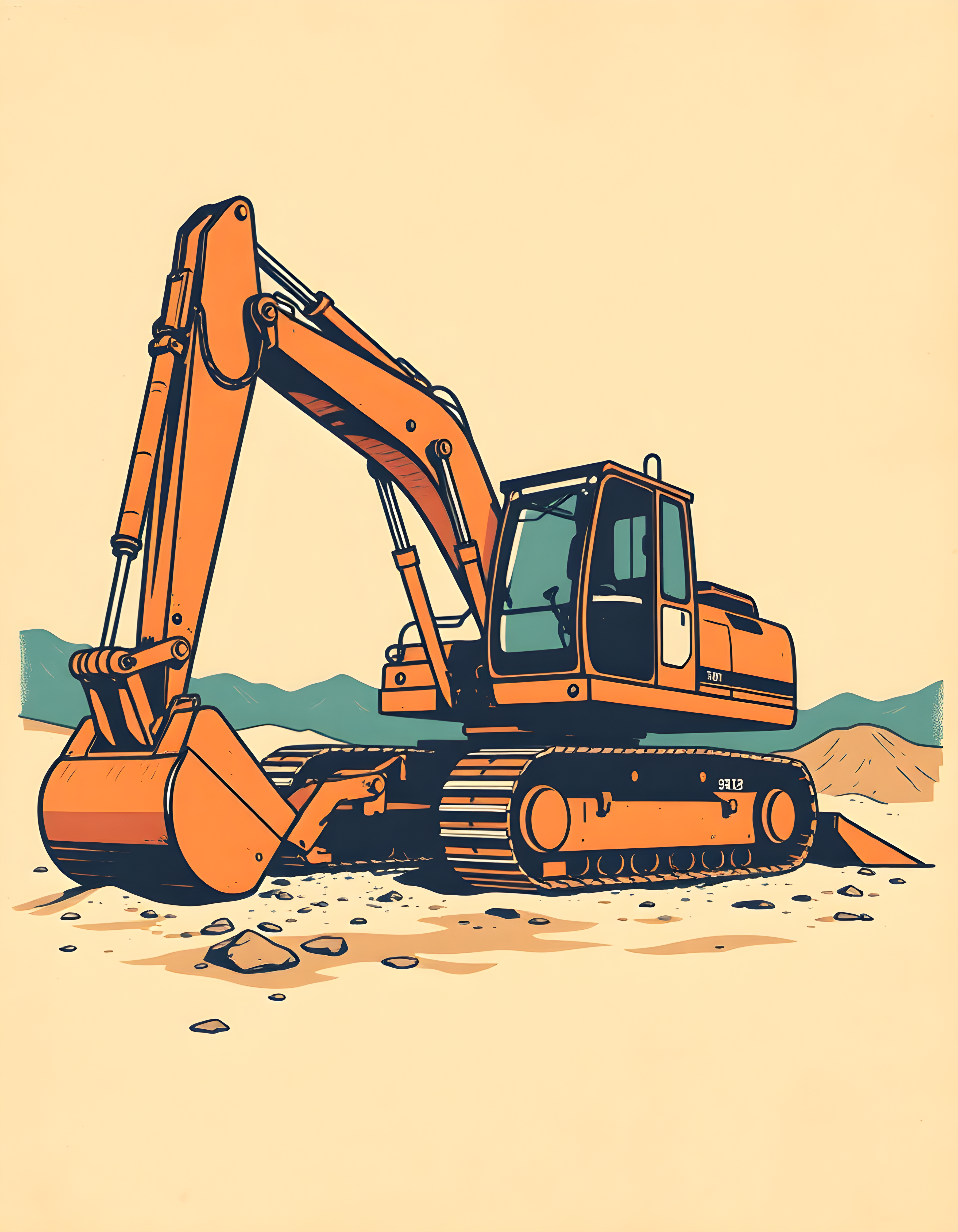 Vintage Orange Excavator Construction Wall Art