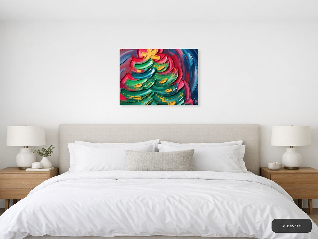 Colorful Abstract Christmas Tree with Neon Brushstrokes Wall Art — A3 / Bedroom