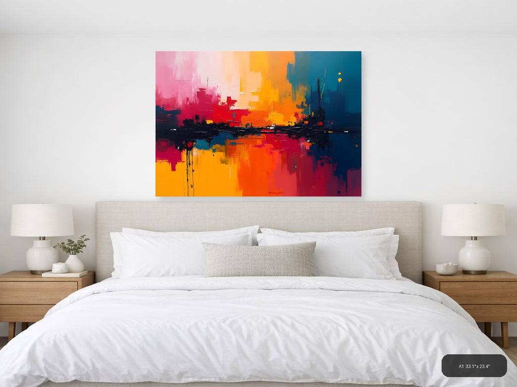 Vibrant Abstract Cityscape Sunset Reflection Wall Art — A1 / Bedroom