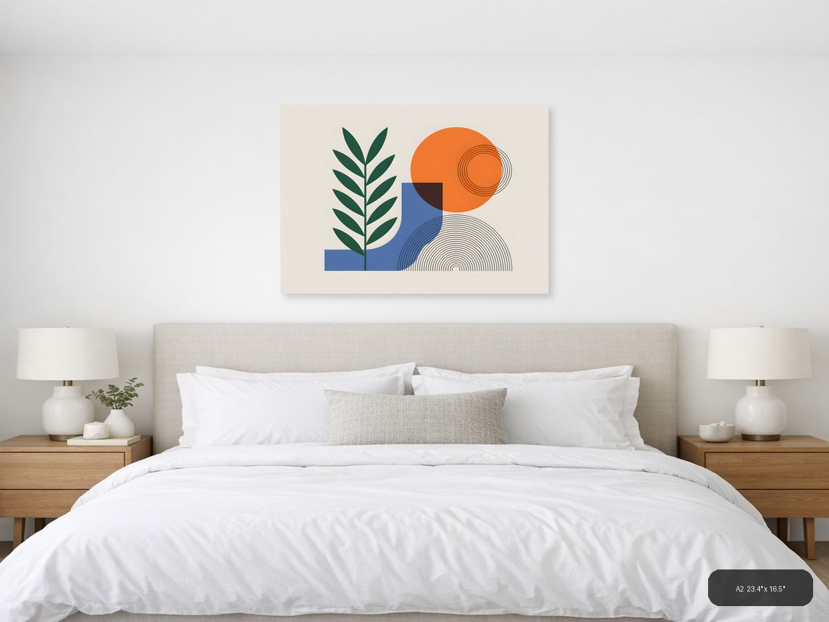 Abstract Botanical Line Art with Geometric Shapes Wall Art — A2 / Bedroom