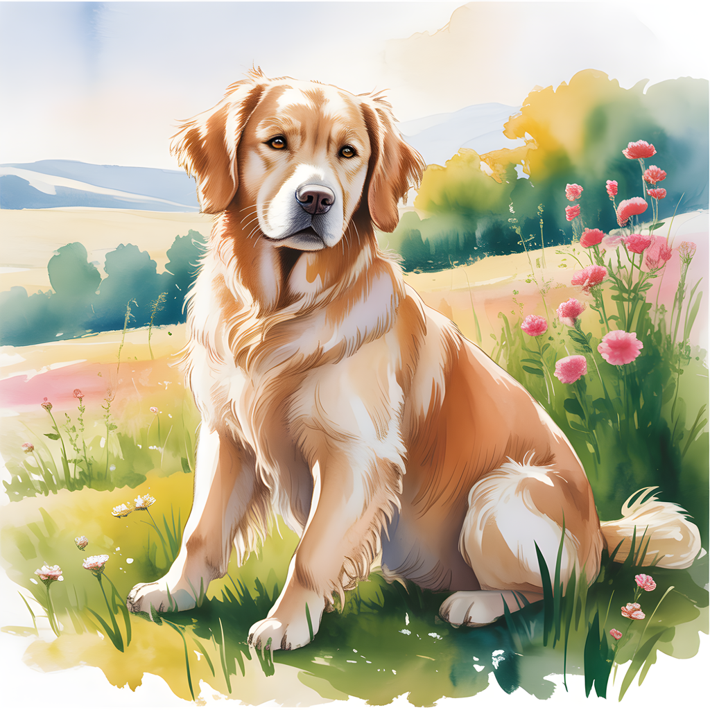 Brown and White Dog in Wildflower Meadow Watercolor Wall Art