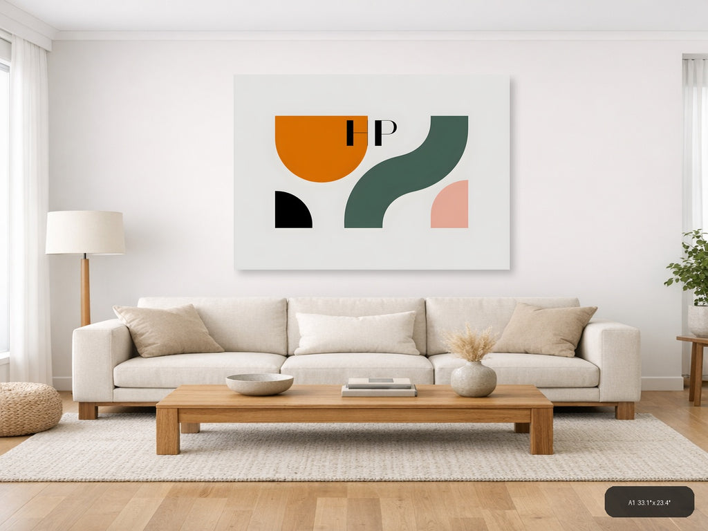 Minimalist Abstract Shapes in Orange, Teal & Pink Wall Art — A1 / Living Room