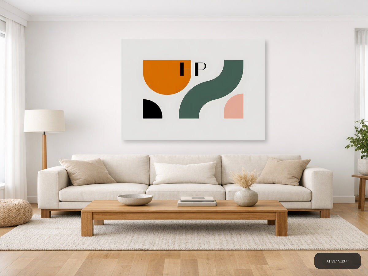 Minimalist Abstract Shapes in Orange, Teal & Pink Wall Art — A1 / Living Room