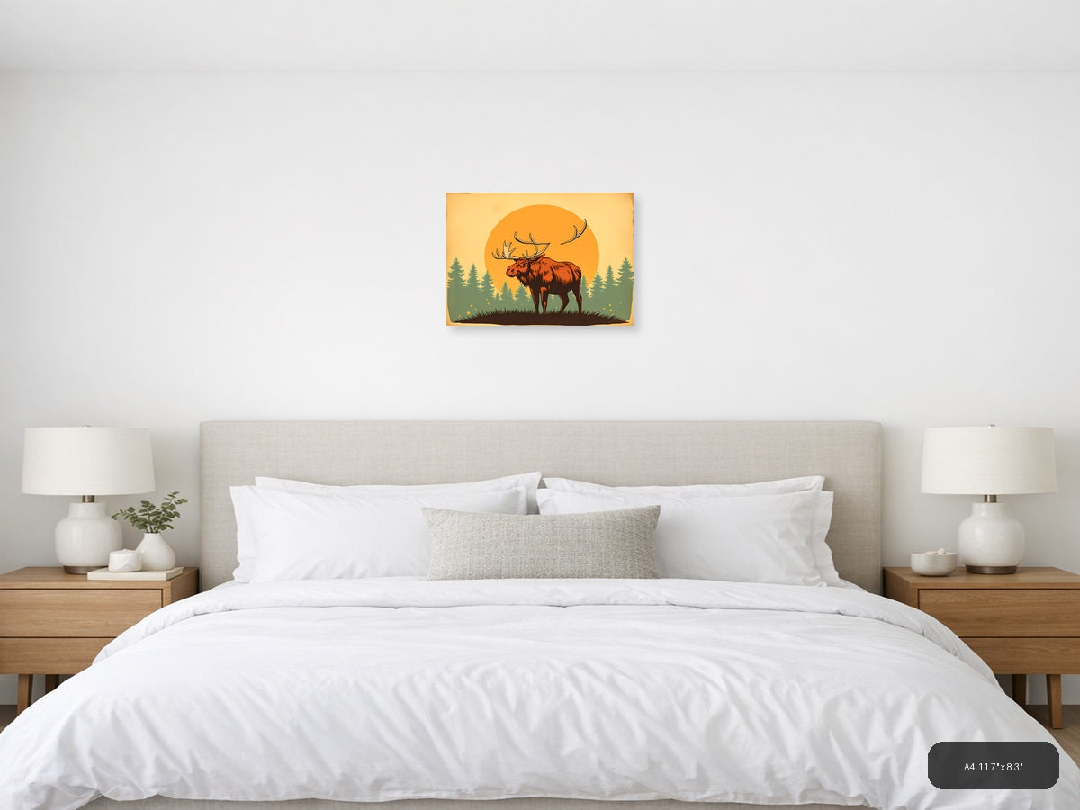 Vintage Moose Silhouette Sunset Forest Wall Art — A4 / Bedroom