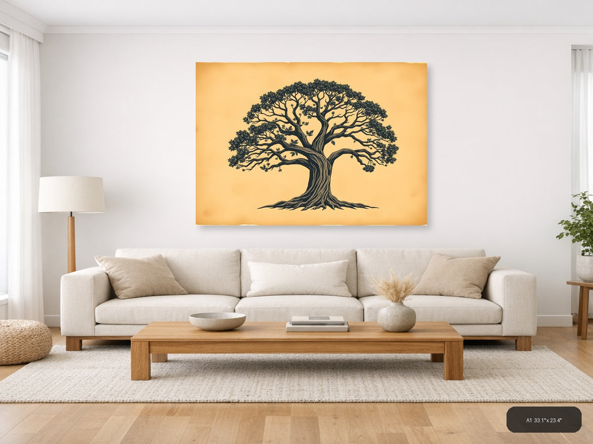 Vintage Majestic Tree Silhouette Landscape Wall Art — A1 / Living Room