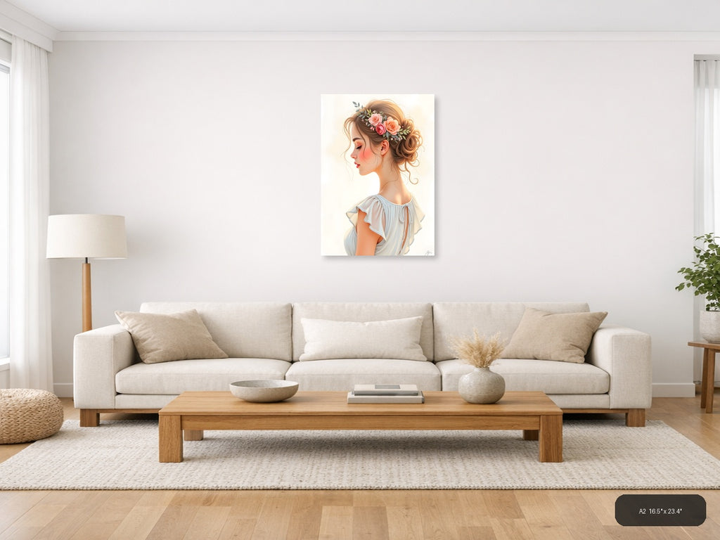 Elegant Woman with Floral Crown Watercolor Wall Art — A2 / Living Room
