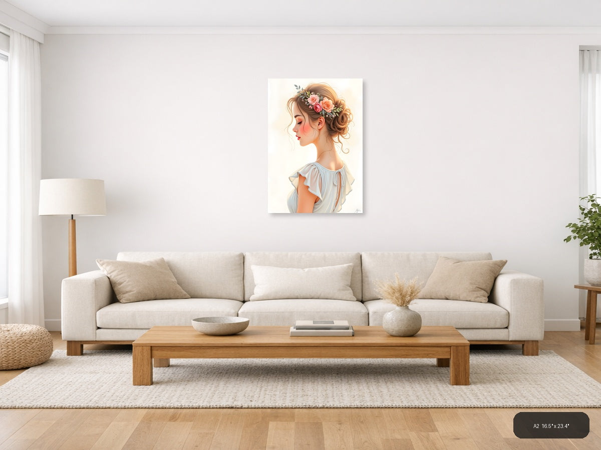 Elegant Woman with Floral Crown Watercolor Wall Art — A2 / Living Room