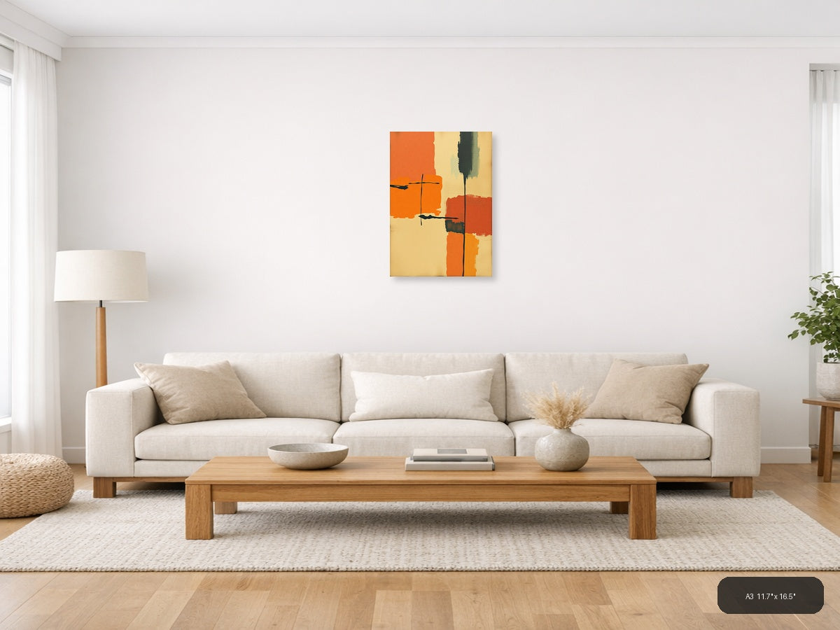 Vintage Abstract Cross Orange and Cream Wall Art — A3 / Living Room