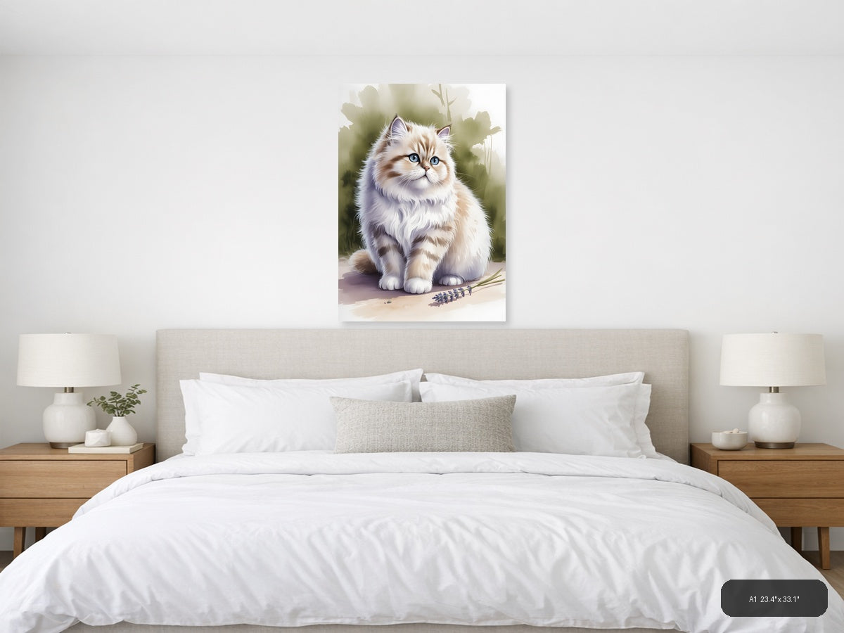 Fluffy White Cat Blue Eyes Watercolor Portrait Wall Art — A1 / Bedroom