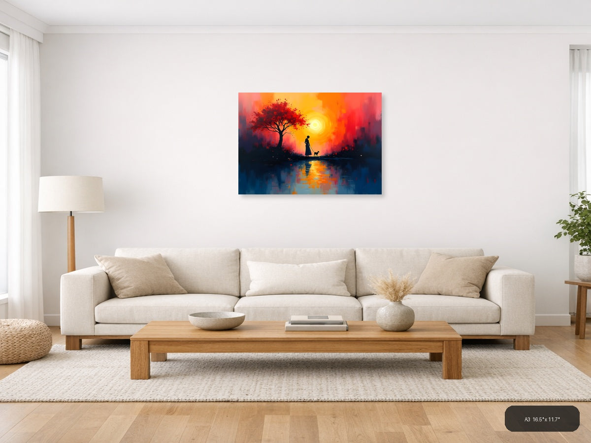 Sunset Woman with Dog & Red Tree Abstract Wall Art — A3 / Living Room