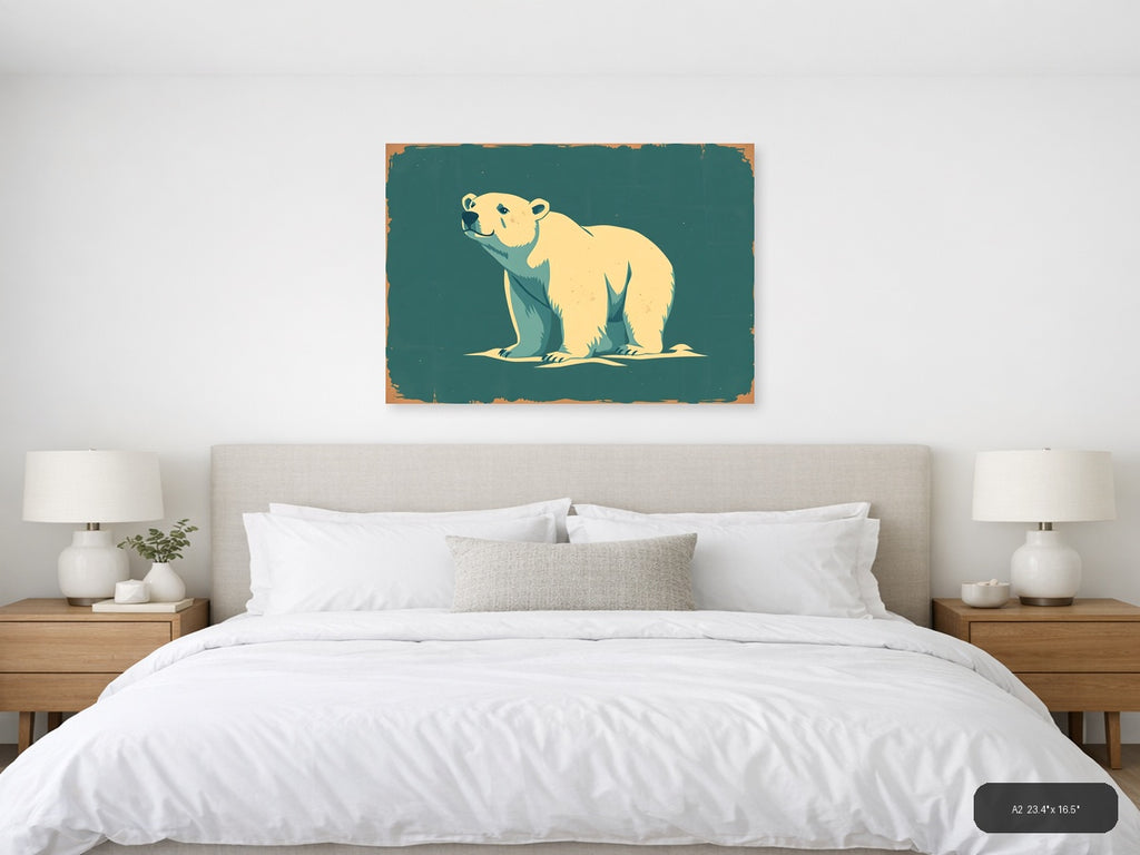 Vintage Polar Bear Illustration Teal Wall Art — A2 / Bedroom