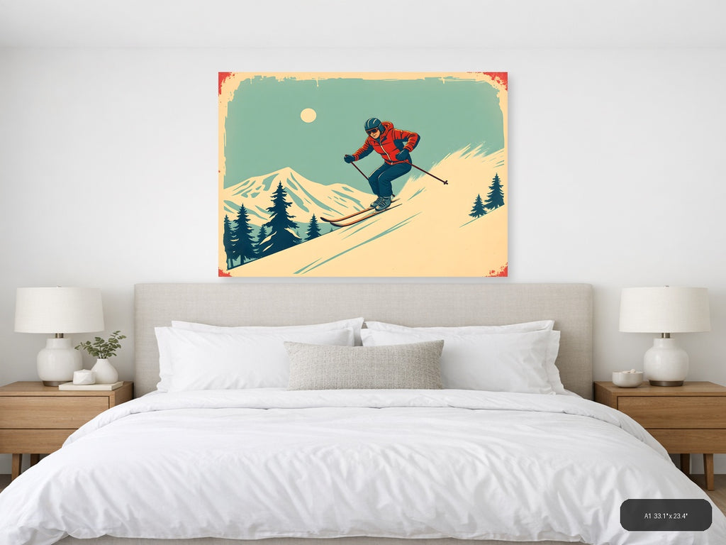 Vintage Skier on Mountain Slope Wall Art — A1 / Bedroom