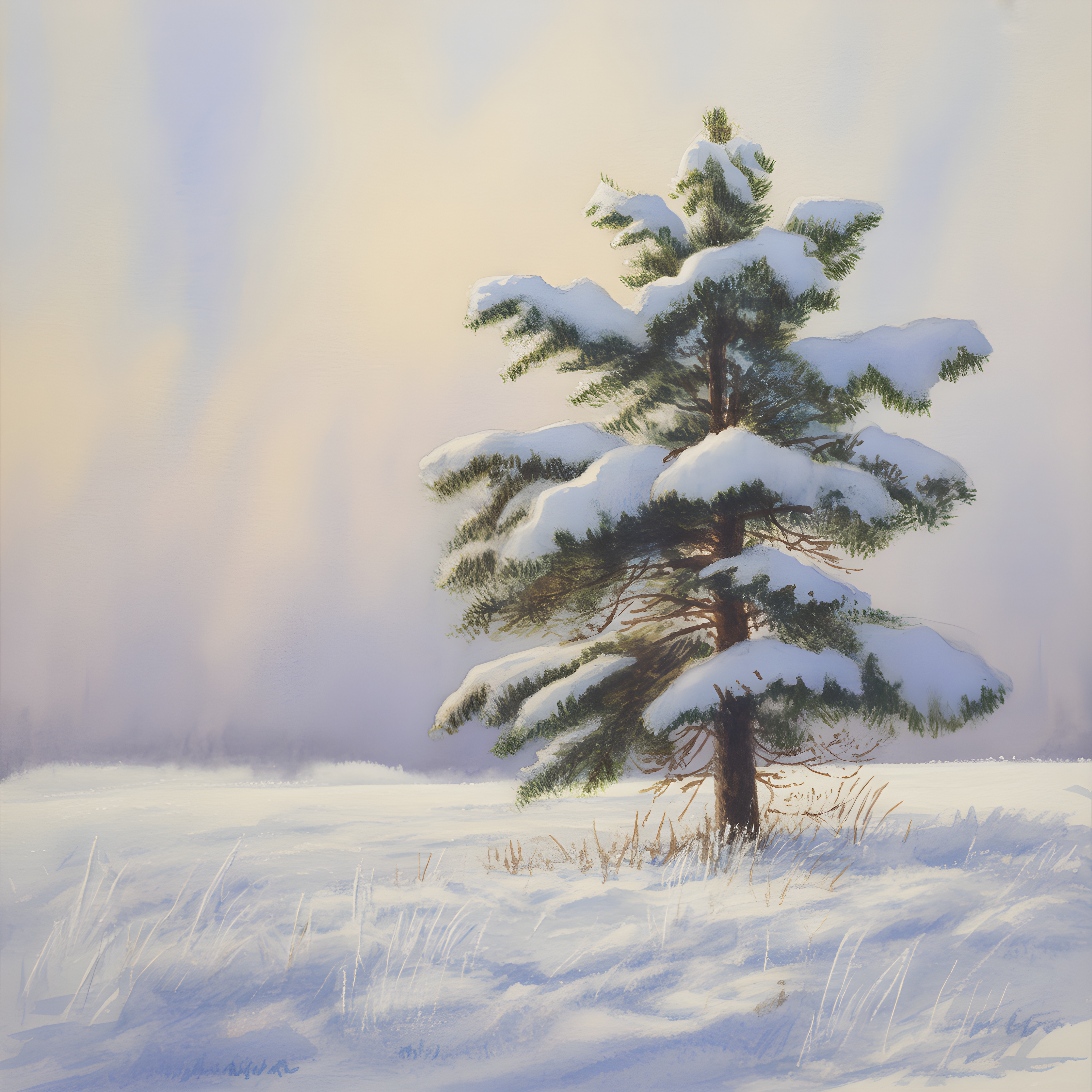 Snow-Laden Pine Tree Winter Landscape Watercolor Wall Art