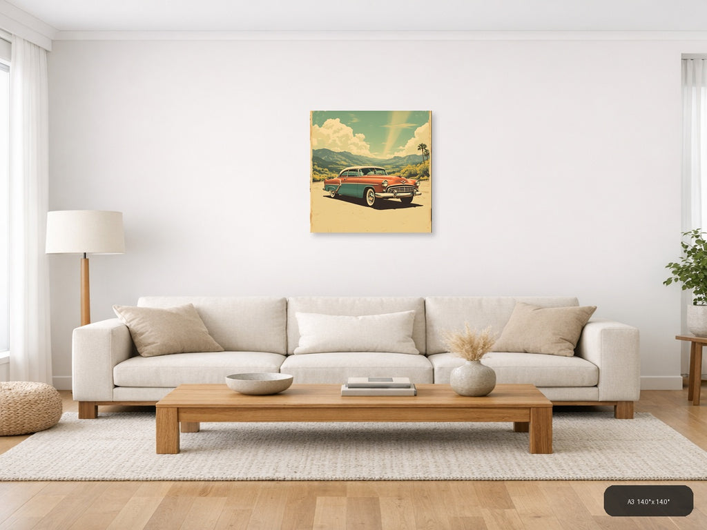 Vintage 1950s Classic Car Desert Landscape Wall Art — A3 / Living Room