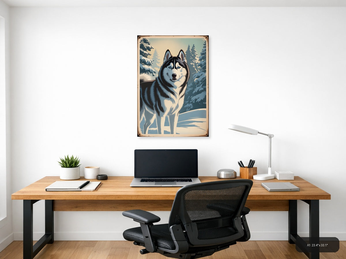 Siberian Husky Winter Portrait Vintage Wall Art — A1 / Office
