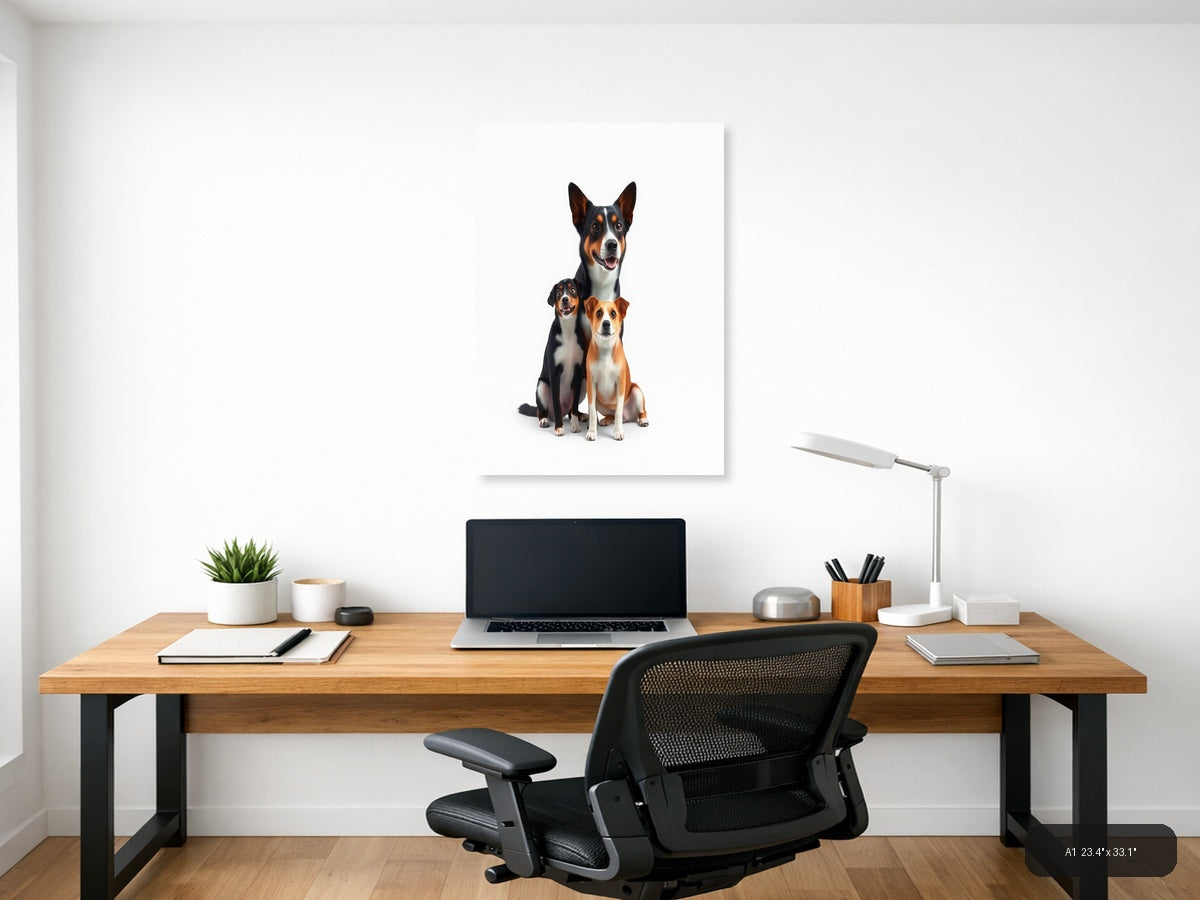 Three Happy Dogs Portrait on White | Minimalist Canvas Wall Art — A1 (Office)