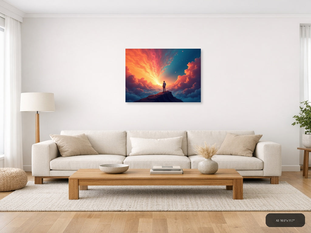 Sunset Sky Abstract Figure on Mountain Peak Wall Art — A3 / Living Room