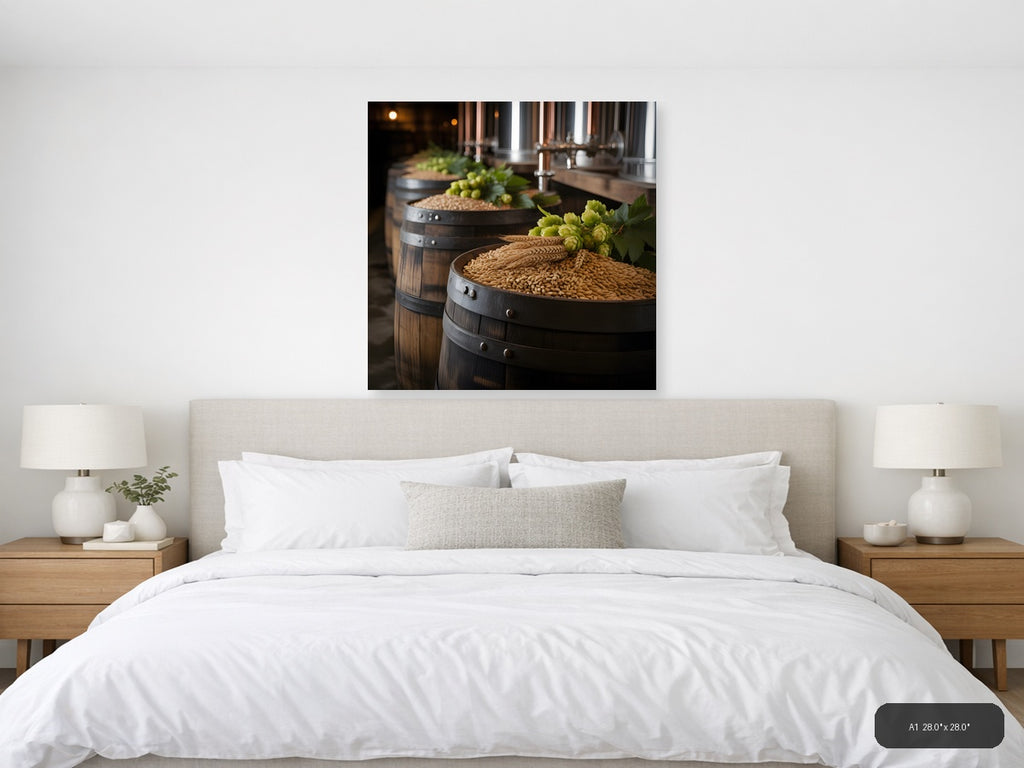 Brewery Barrels with Hops and Grain Photography Wall Art — A1 / Bedroom