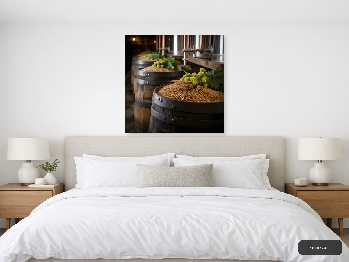 Brewery Barrels with Hops and Grain Photography Wall Art — A1 / Bedroom