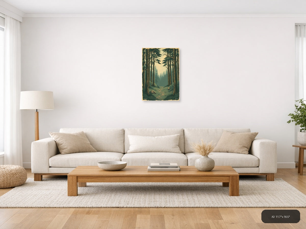 Vintage Forest Path Through Tall Trees Wall Art — A3 / Living Room