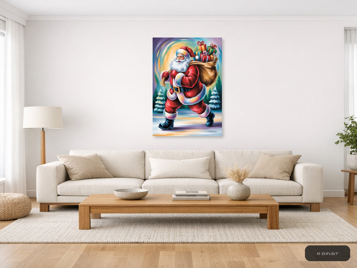 Jolly Santa with Gift Sack Winter Wall Art — A1 / Living Room