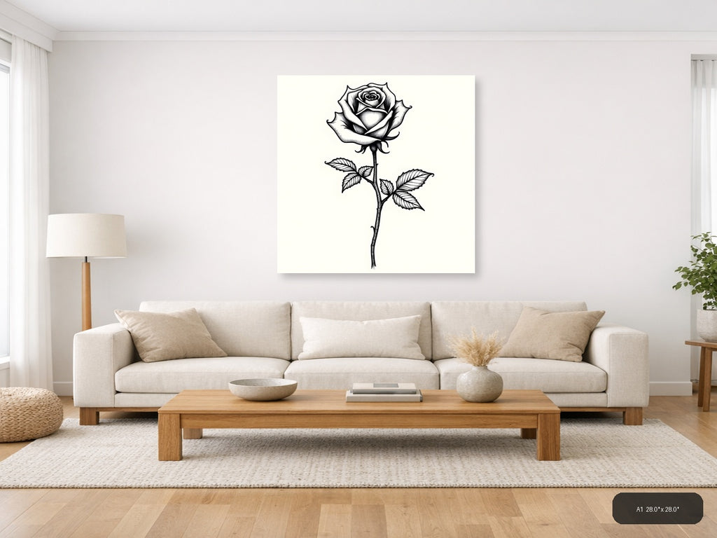Black Rose Line Art Drawing - Botanical Wall Art — A1 / Living Room