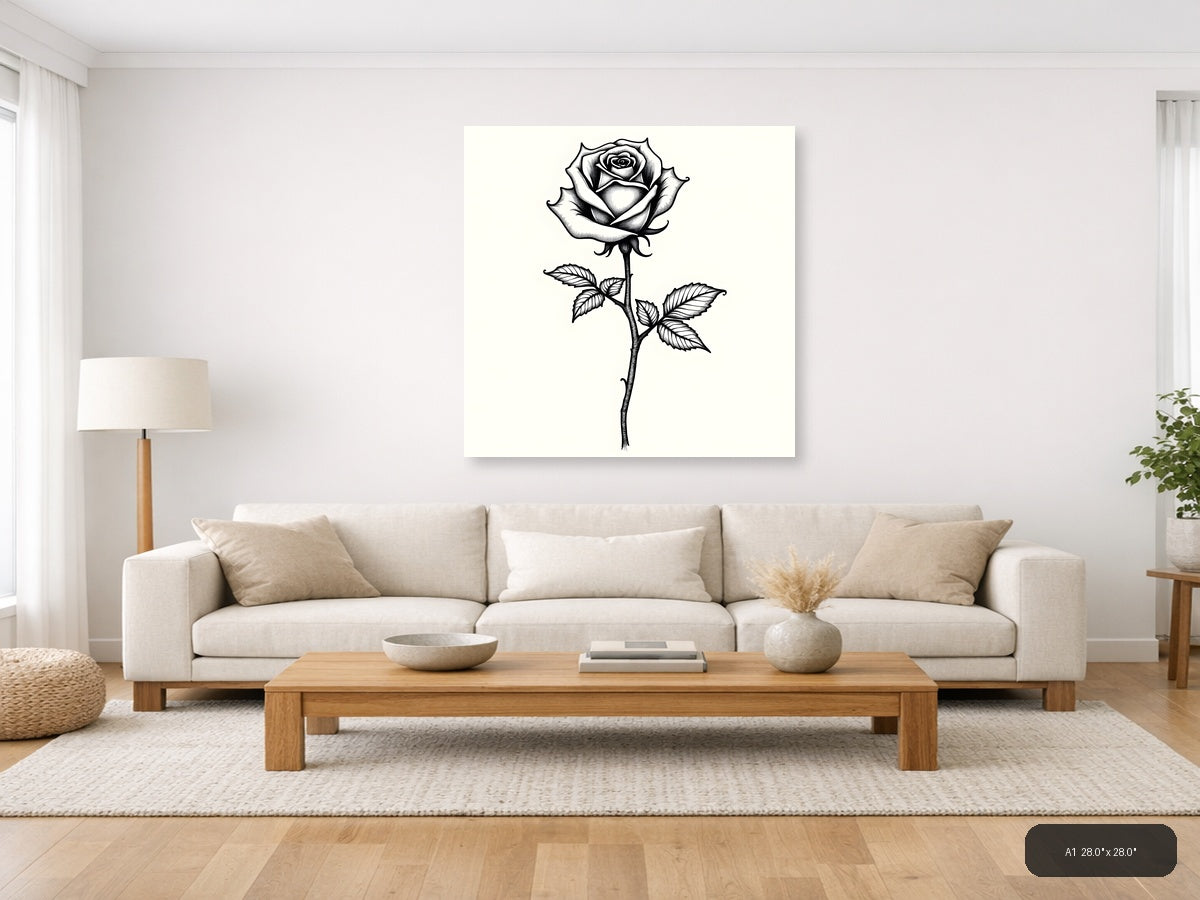 Black Rose Line Art Drawing - Botanical Wall Art — A1 / Living Room