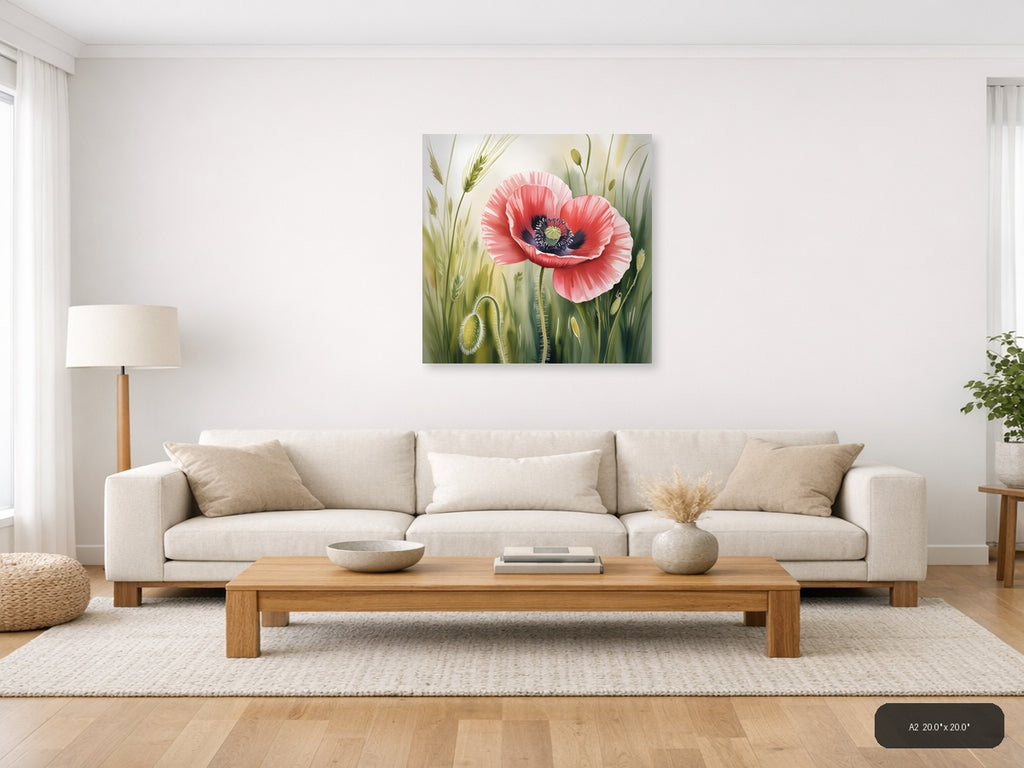 Red Poppy Watercolor Flower with Wheat Field Wall Art — A2 / Living Room