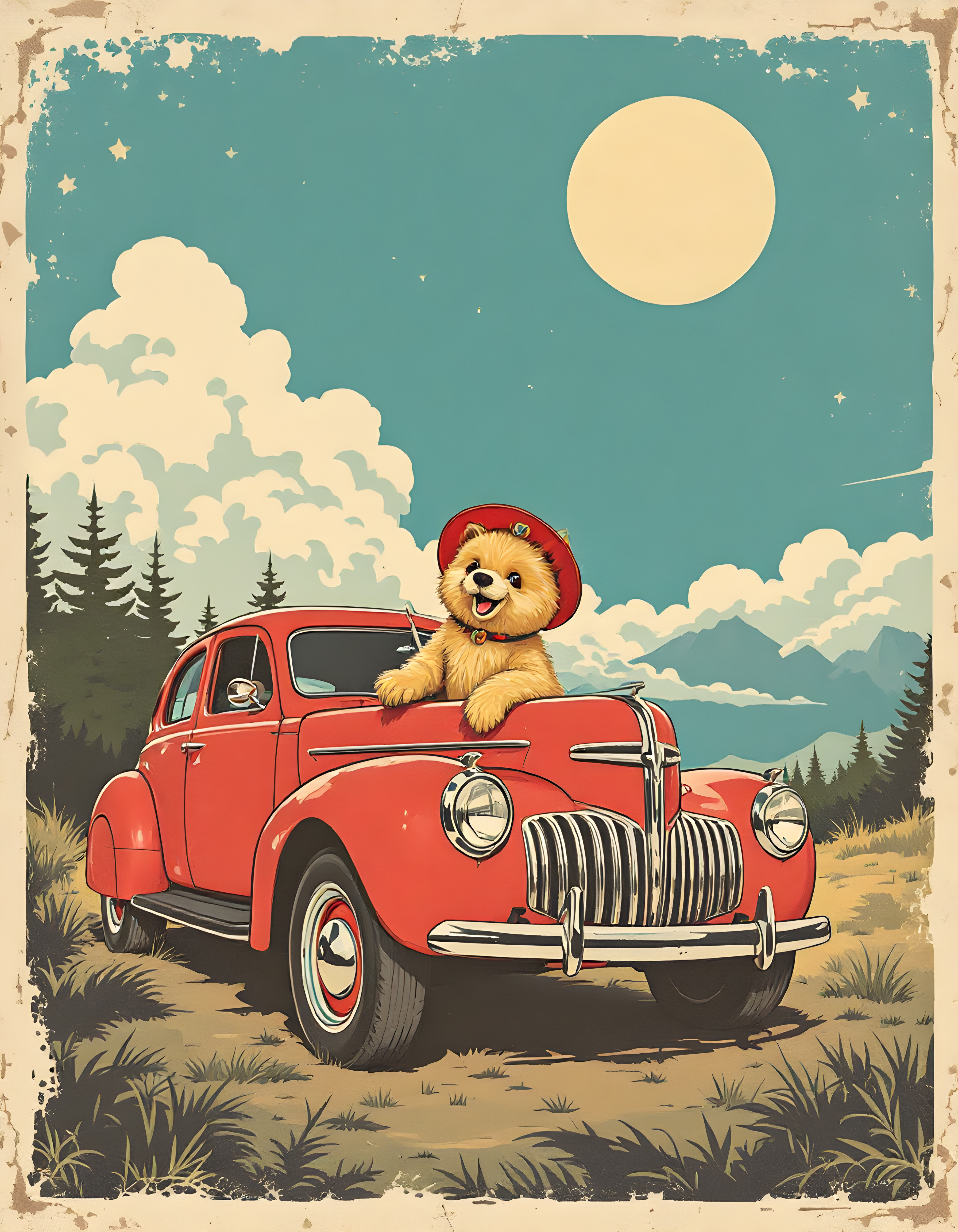 Vintage Teddy Bear in Red Truck Moonlight Wall Art