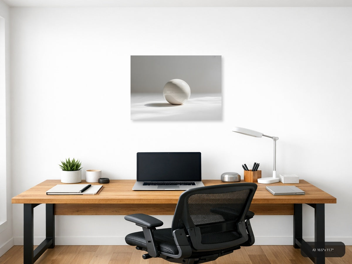 Minimalist White Sphere Shadow Wall Art — A3 / Office