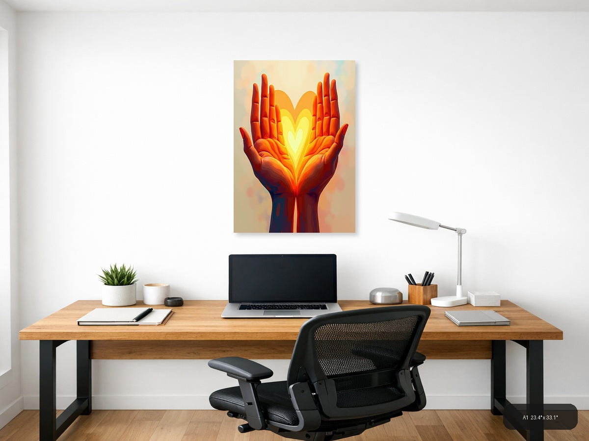 Glowing Heart in Hands Abstract Portrait Wall Art — A1 / Office